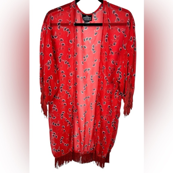 Floral kimono pool beach coverup, Med, red fringe lightweight sheer long sleeves - Picture 1 of 8